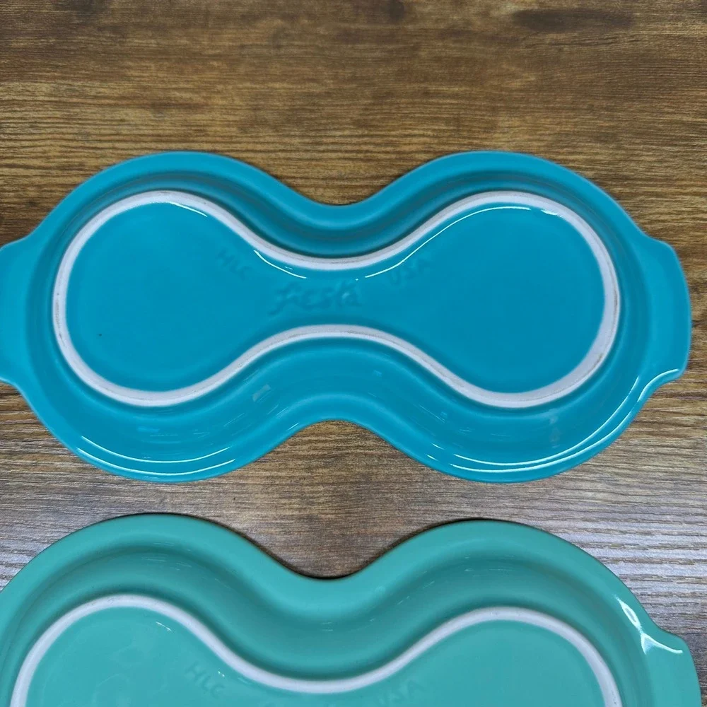 Fiesta HLC USA Figure 8 Relish Trays Set of 3 Blue Turquoise Yellow Ceramic Snac